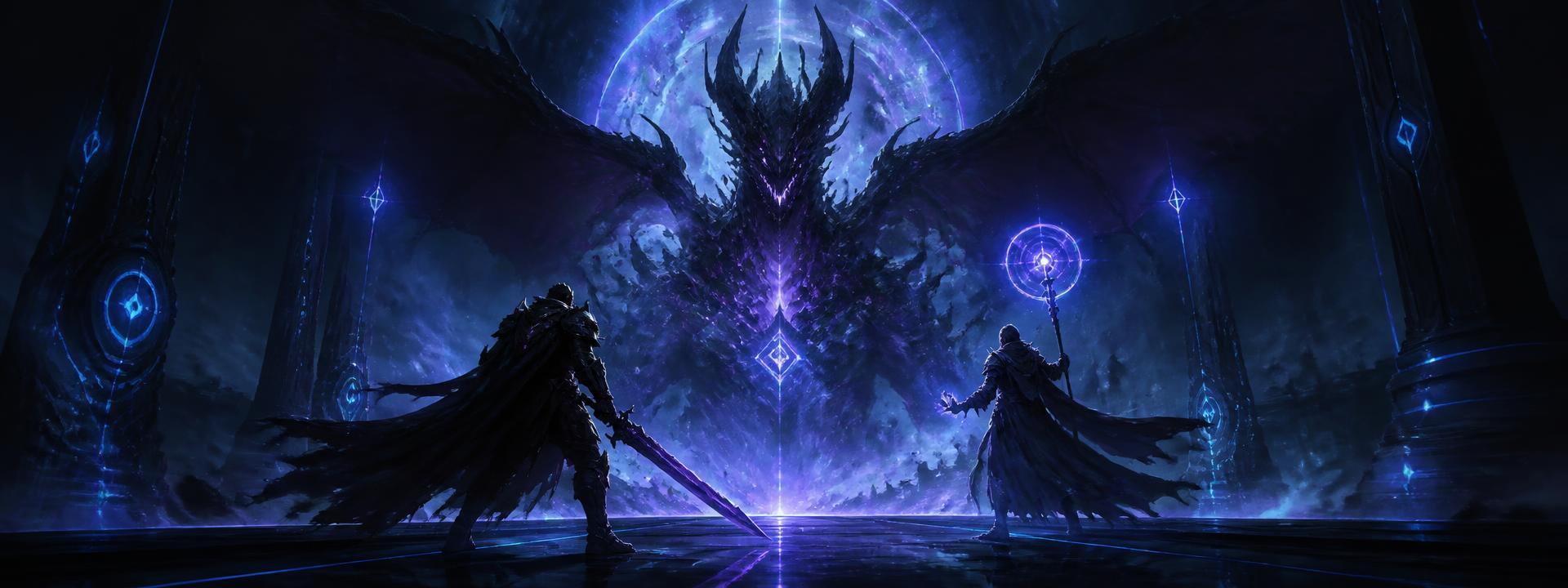 Cavaleiro e mago enfrentando uma criatura colossal em uma arena futurista