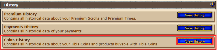 Tibia Account: History, Coins History e botão View History